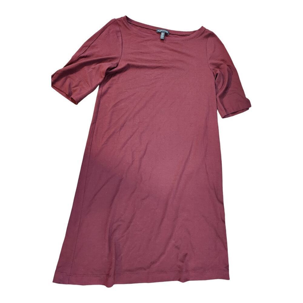 Eileen Fisher A Line shift dress 3/4 sleeve viscose jersey maroon sz XS